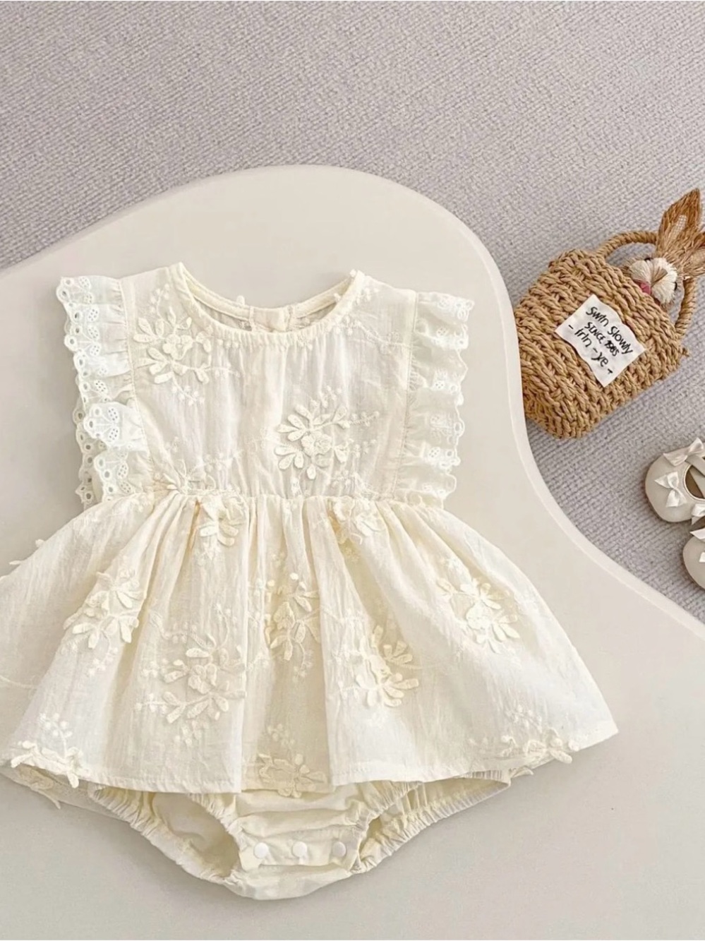 Ivory Floral Embroidered Baby Dress Romper